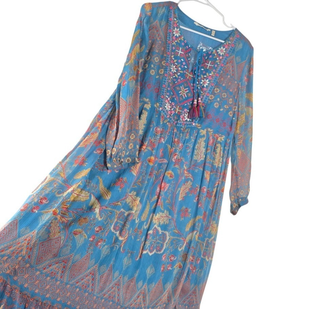Soft Surroundings Midi Dress Womens Blue Embroidered Boho Tassel 3EK98 Size PL